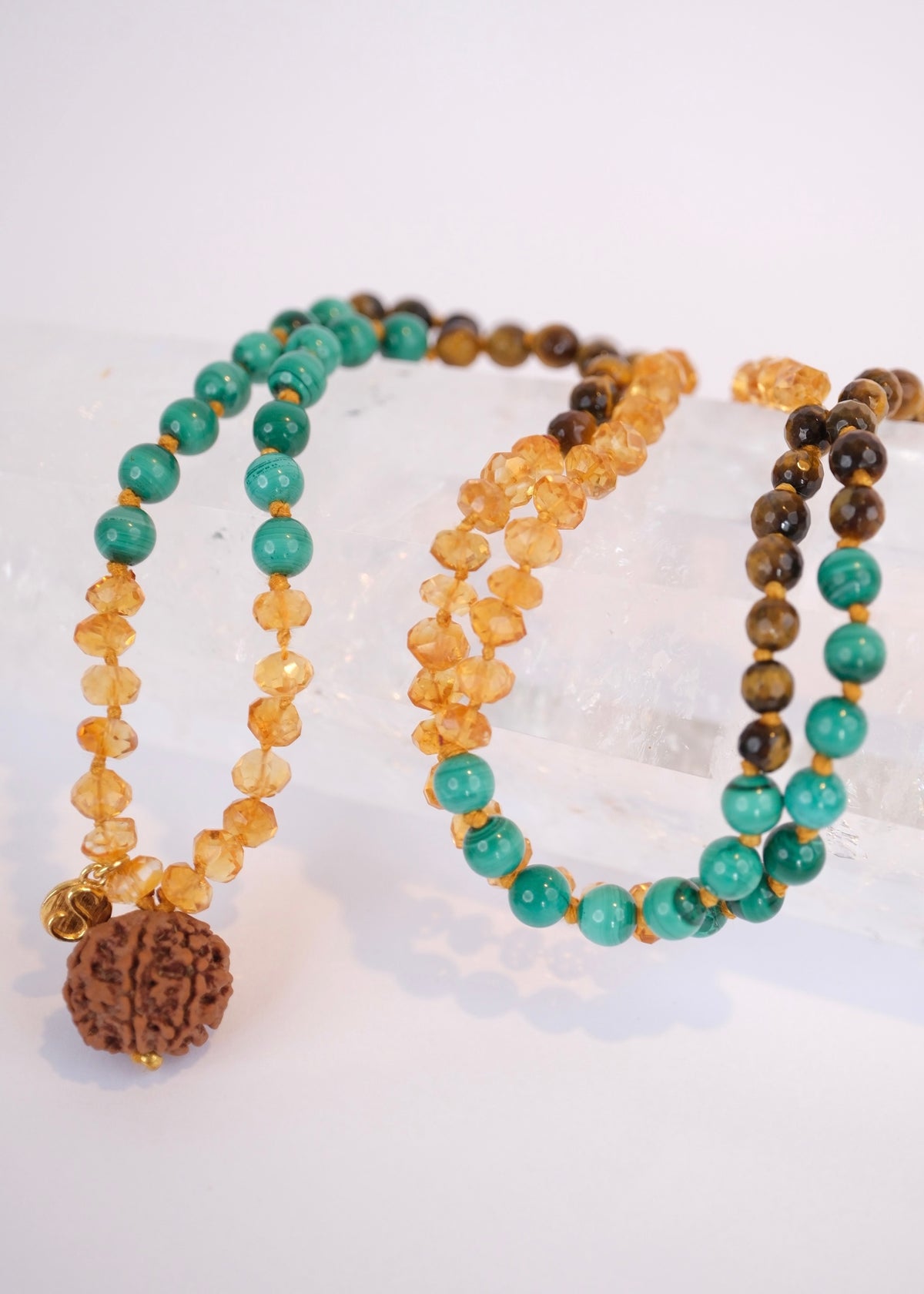 Abundance Mala | 7 Mukhi Rudraksha, rare hand cut finest Citrine, Malachite, Tigers Eye