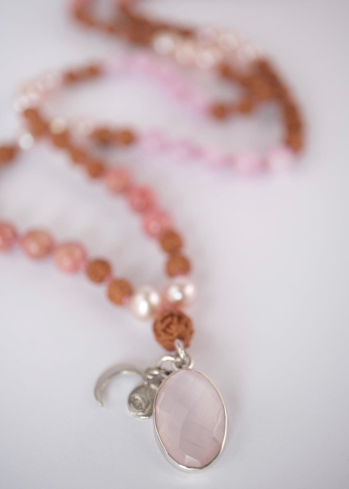 PARVATI ‘The Divine Feminine Mala’ | Pink Pearl, Kunzite, Thulite, Rose Quartz, Rudraksha
