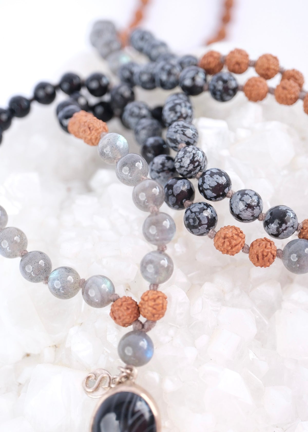 BABAJI Revered Mala | Labradorite, snow flake Jasper, Onyx & Rudraksha