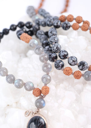 BABAJI Revered Mala | Labradorite, snow flake Jasper, Onyx & Rudraksha