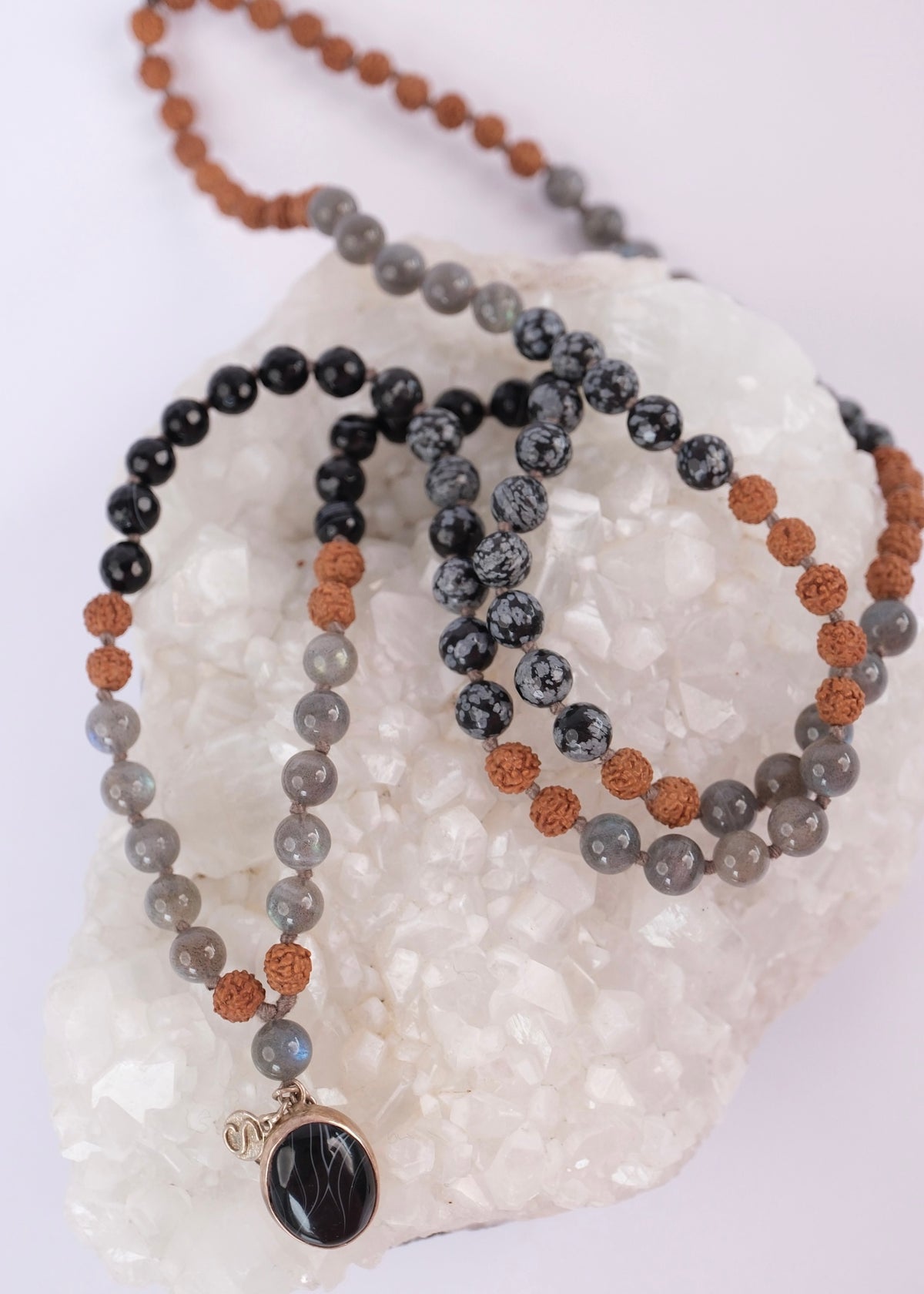 BABAJI Revered Mala | Labradorite, snow flake Jasper, Onyx & Rudraksha