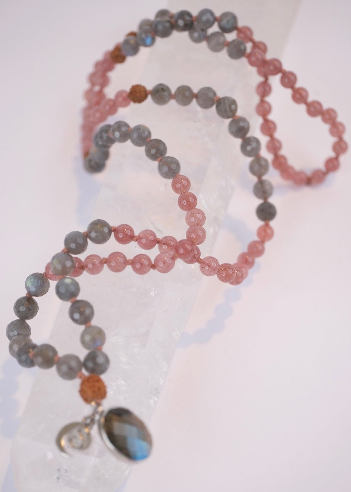 RISHI The Wise Ones Mala | Rare Strawberry Quartz, Labradorite & Rudraksha
