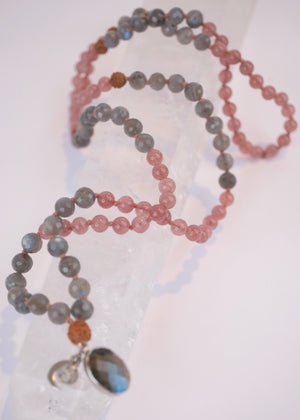 RISHI The Wise Ones Mala | Rare Strawberry Quartz, Labradorite & Rudraksha
