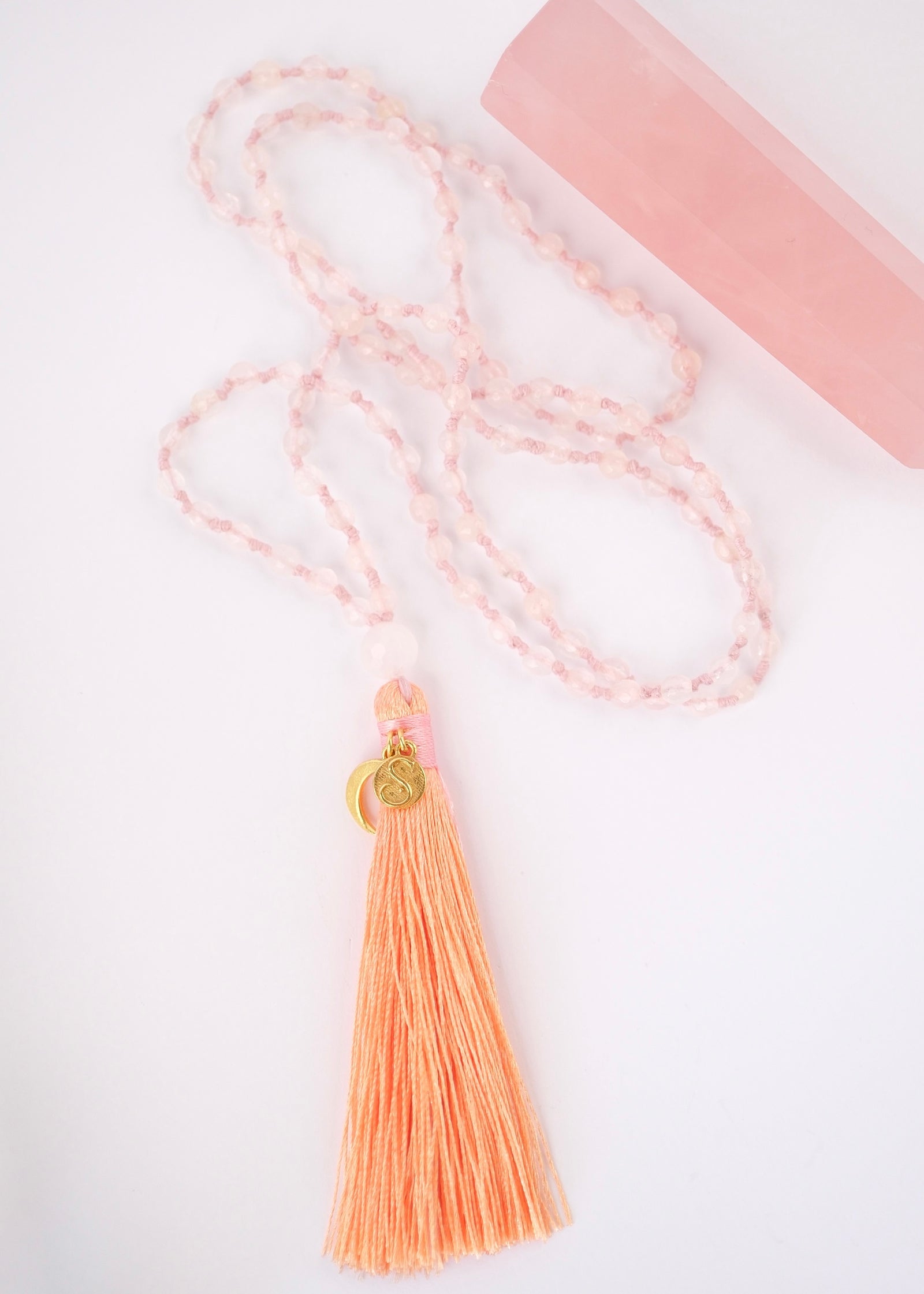 Rose Quartz mala necklace with Rose quartz pointer crystal