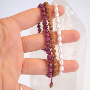 AWAKENED Three tier bracelet stack | Ruby, Pearl, Rudraksha