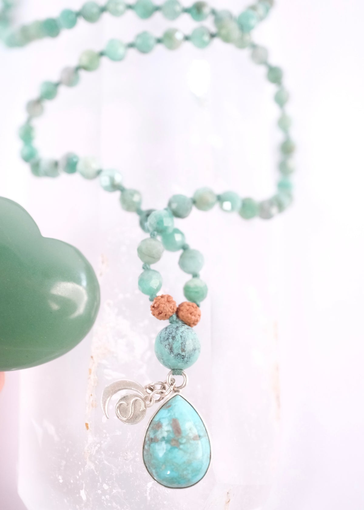 Incredible Turquoise Pendant, on an Emerald Mala