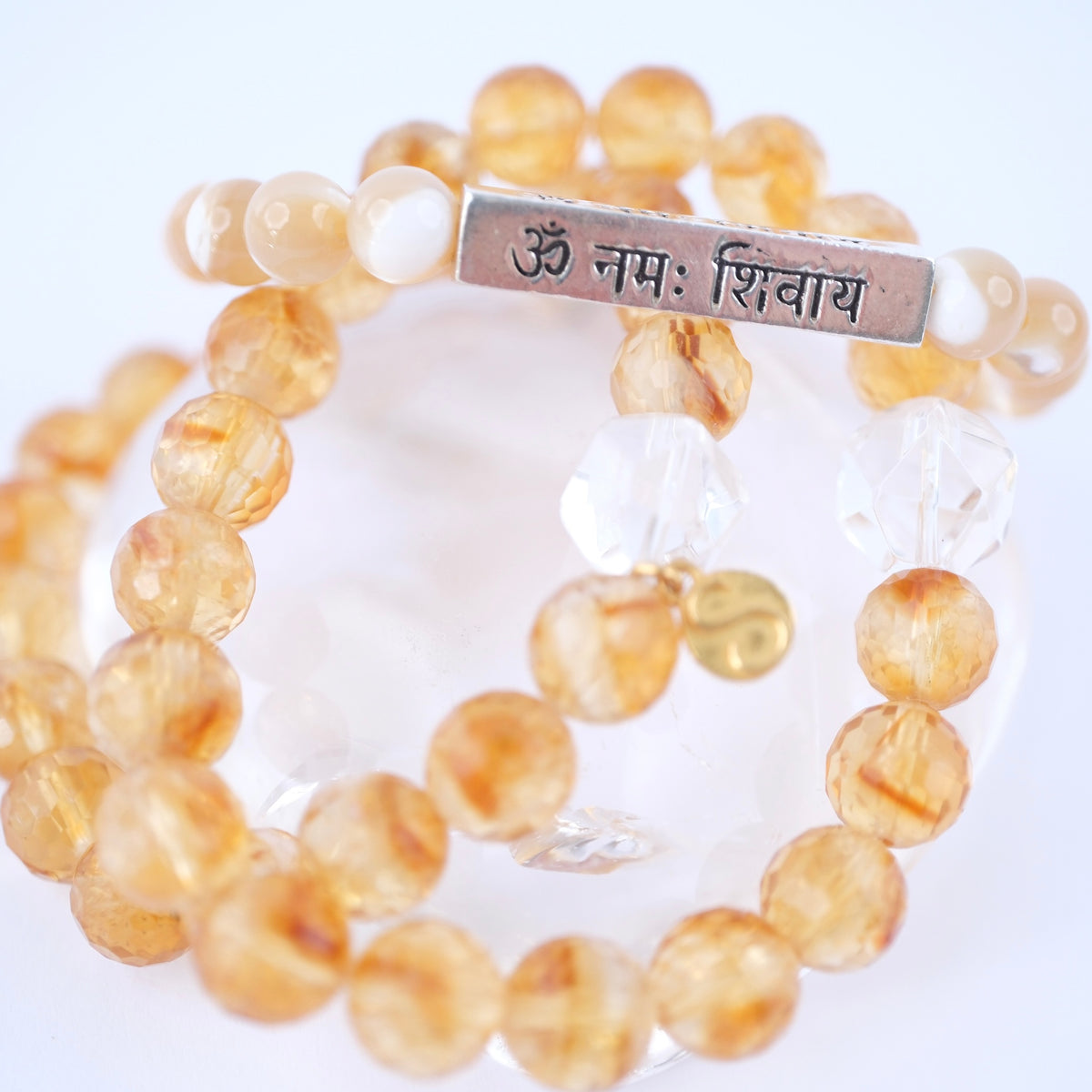 DIVINE GRACE Honey Mother of Pearl bracelet | Om Namaha Shivaya Silver bar
