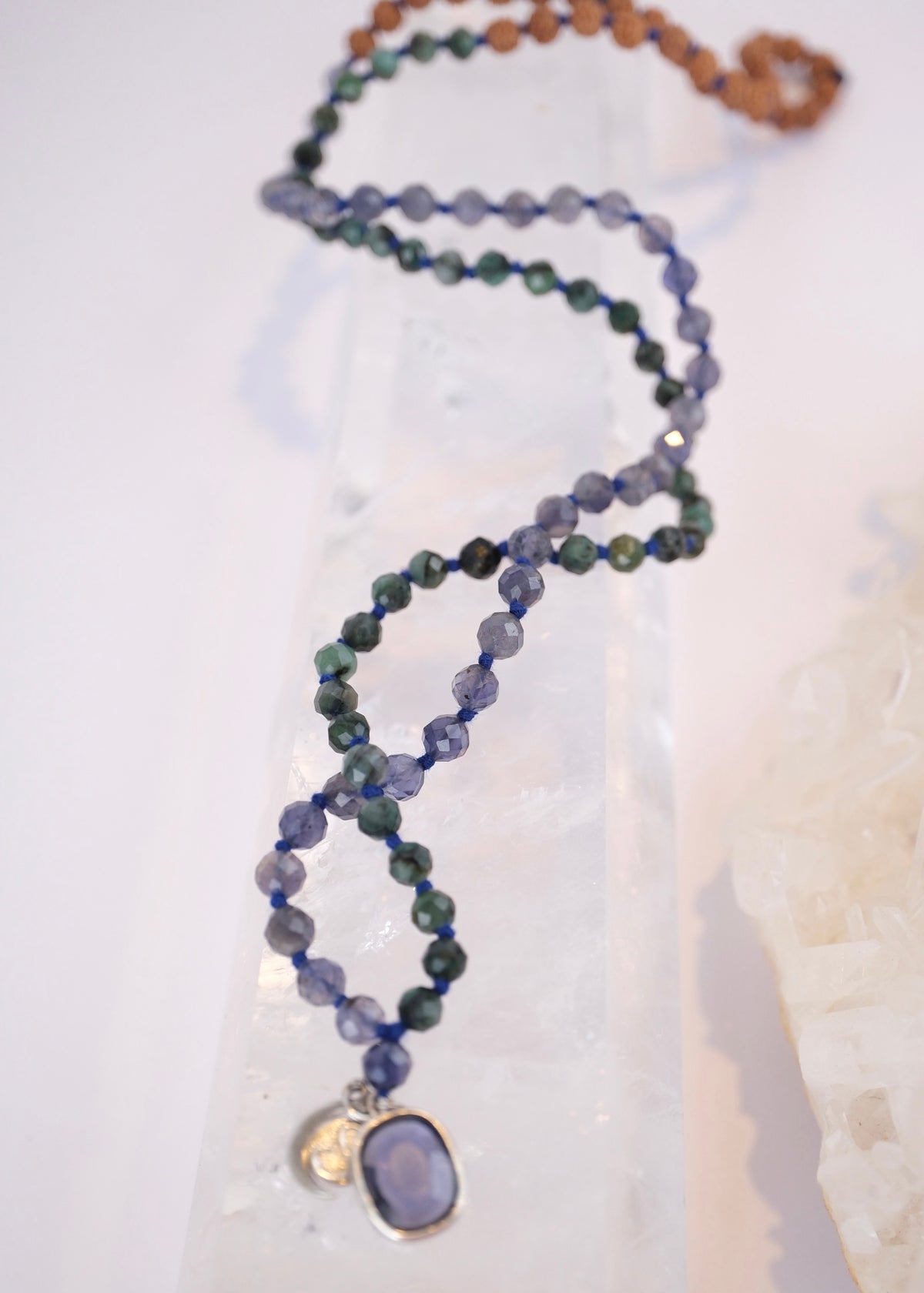 DEVAKA Divine, Celestial Mala | Emerald, Iolite & Rudraksha