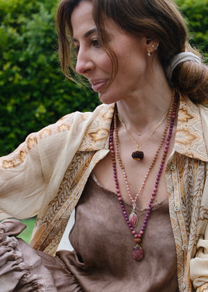 MADHURYA ‘The Grace of Divine Love’ Mala | Rhodochrosite, Akoya Pearls, Rudraksha