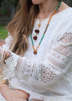 Abundance Mala | 7 Mukhi Rudraksha, rare hand cut finest Citrine, Malachite, Tigers Eye