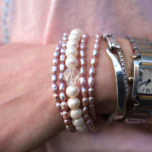 . Grace of the Moon bracelet of lustrous Akoya pearls in soft pink, lilac, and apricot hues