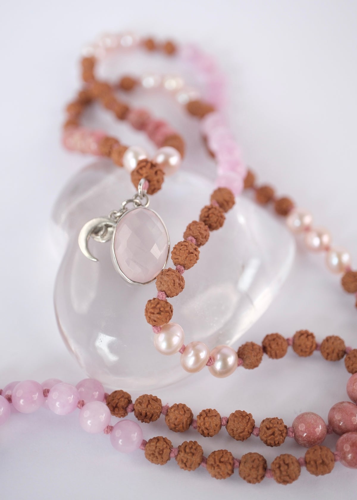 PARVATI ‘The Divine Feminine Mala’ | Pink Pearl, Kunzite, Thulite, Rose Quartz, Rudraksha