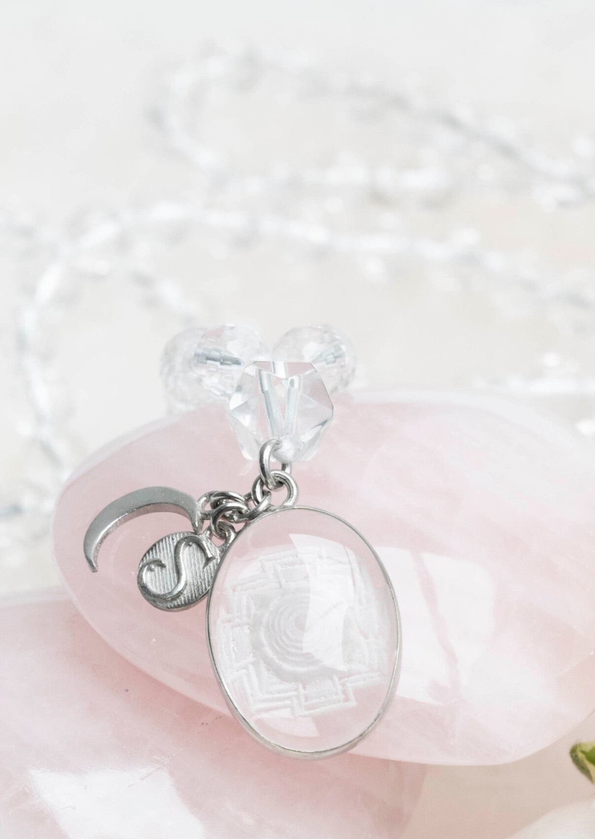 SRI DEVI 'Shakti' Mala | Himalayan Clear Quartz (Sphatik) & hand carved Sri Yantra