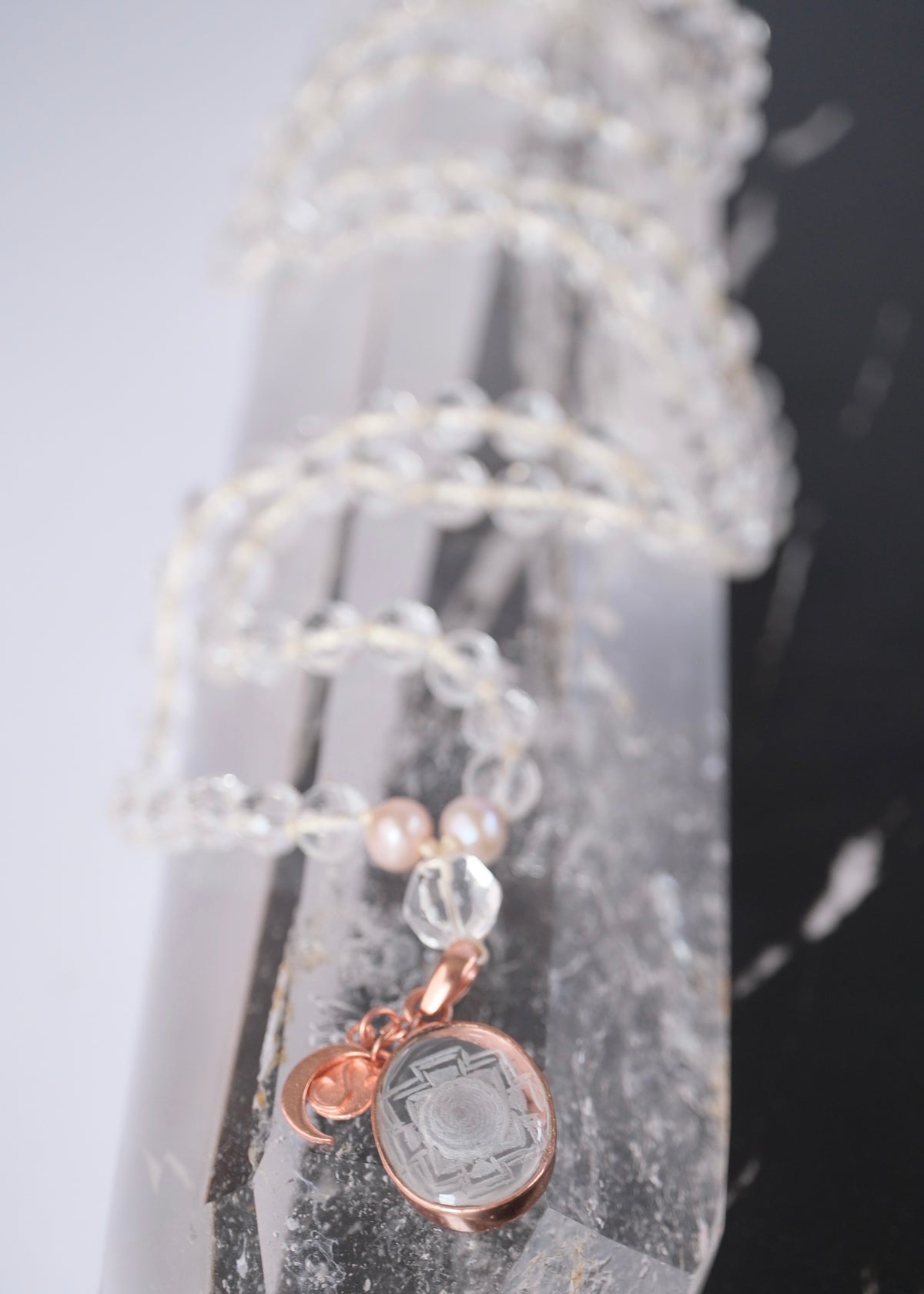 SHAKTI ‘The Mala of Pure Energy & Light’ | Himalayan Clear Quartz, Sri Yantra, Pink Pearls