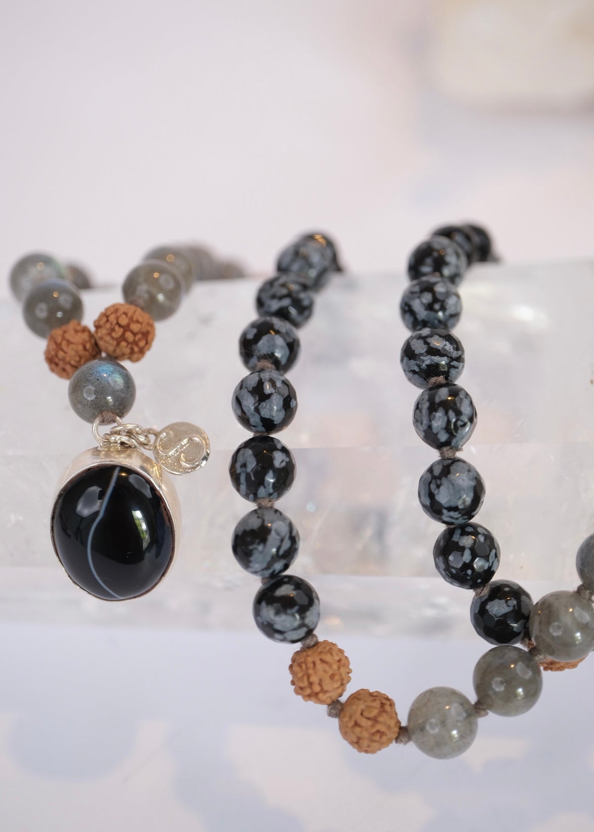 BABA Revered Mala | Labradorite, snow flake Jasper, Onyx & Rudraksha