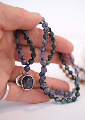 DEVAKA Divine, Celestial Mala | Emerald, Iolite & Rudraksha