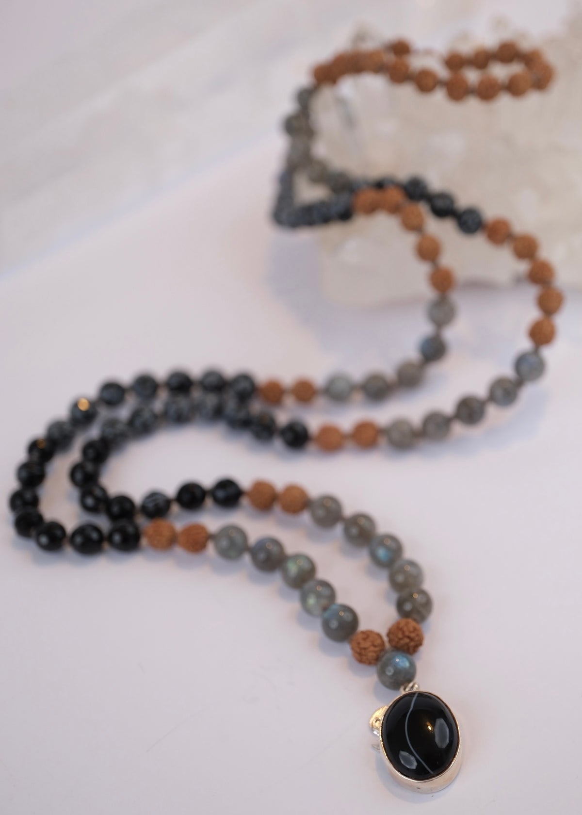 BABA Revered Mala | Labradorite, snow flake Jasper, Onyx & Rudraksha