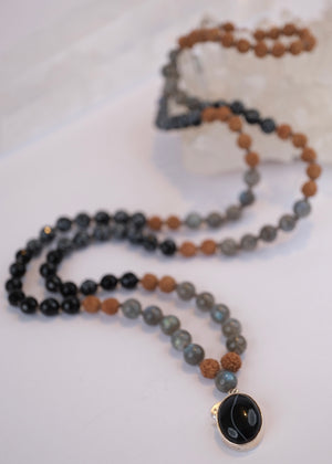 BABA Revered Mala | Labradorite, snow flake Jasper, Onyx & Rudraksha