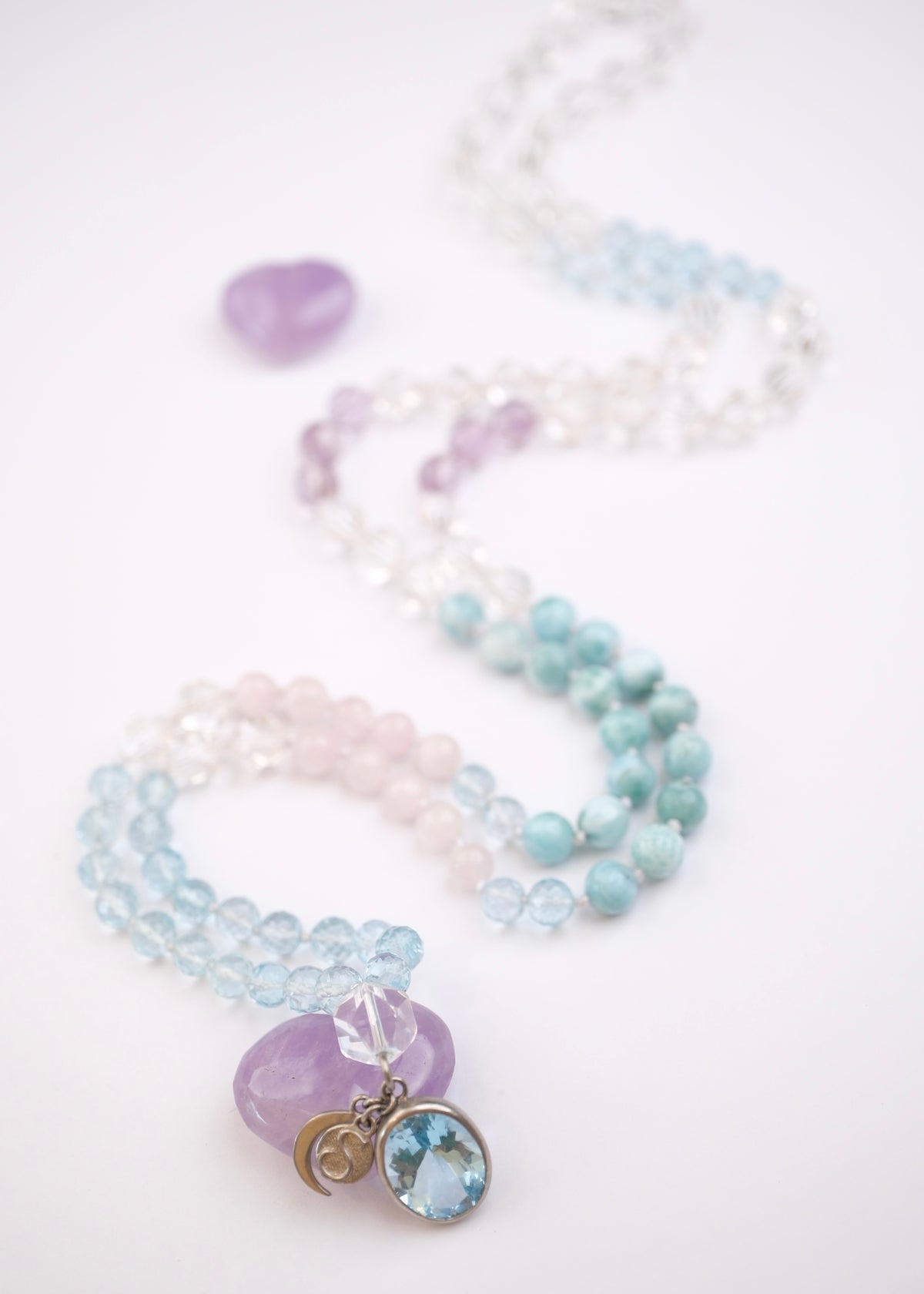 PEACE Shanti Mala | Topaz beads and pendant with Larimar, Herkimer, Kunzite &amp; Lavender Quartz