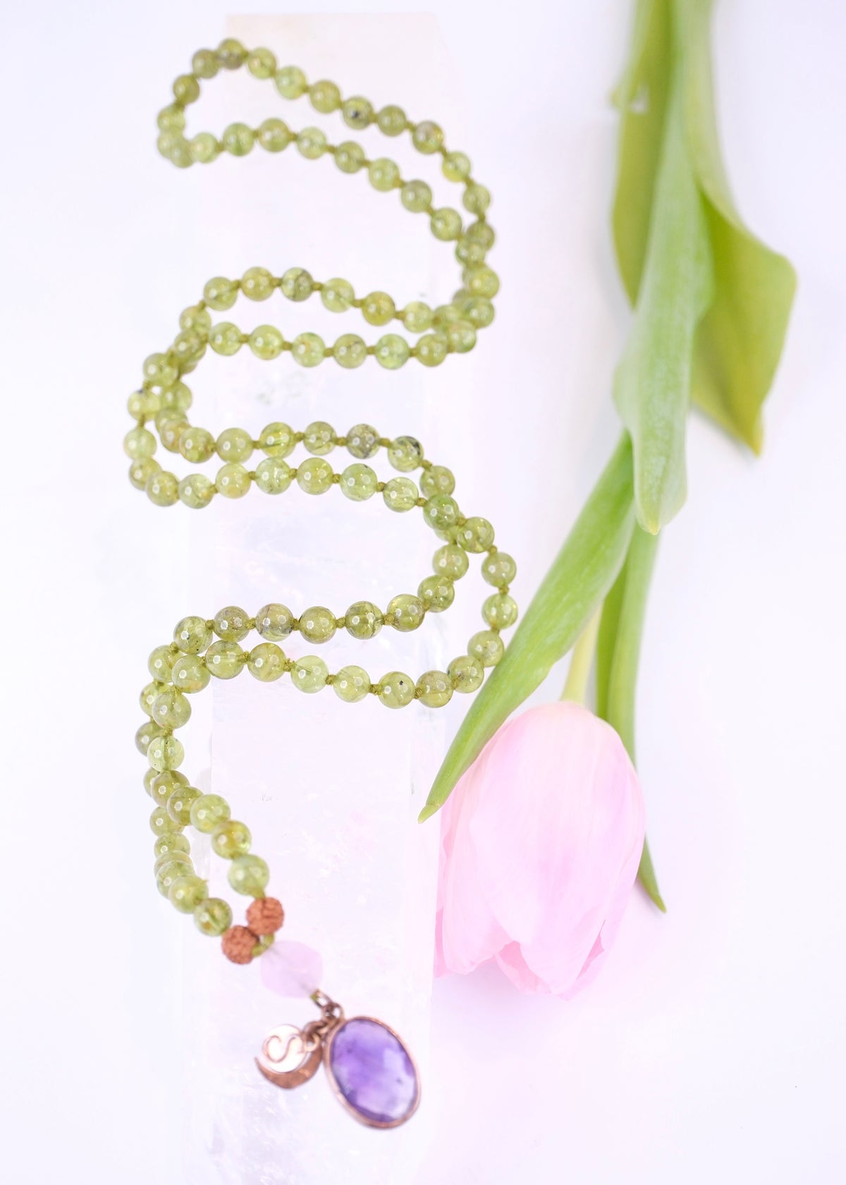 BHUVANESHWARI Protection, Preservation, Deliverance Mala | Peridot, Herkimer Amethyst, Amethyst Pendant