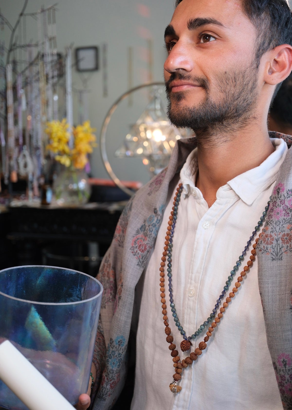 BHAGIRATHI Sacred Path Mala | Rare Green Apatite, Iolite, Nepal Ganesh Rudraksha