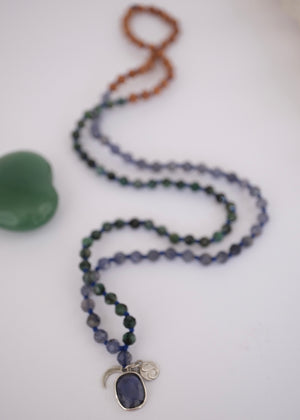 DEVAKA Divine, Celestial Mala | Emerald, Iolite & Rudraksha