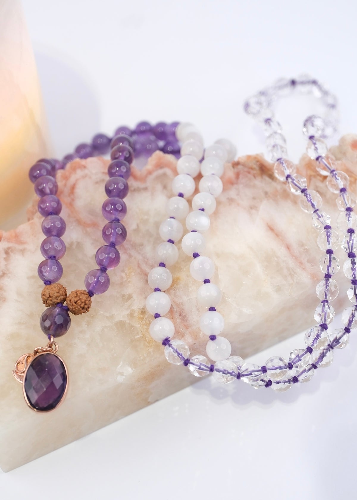 AURA Cleanse Mala | Amethyst, Moonstone, Himalaya Quartz