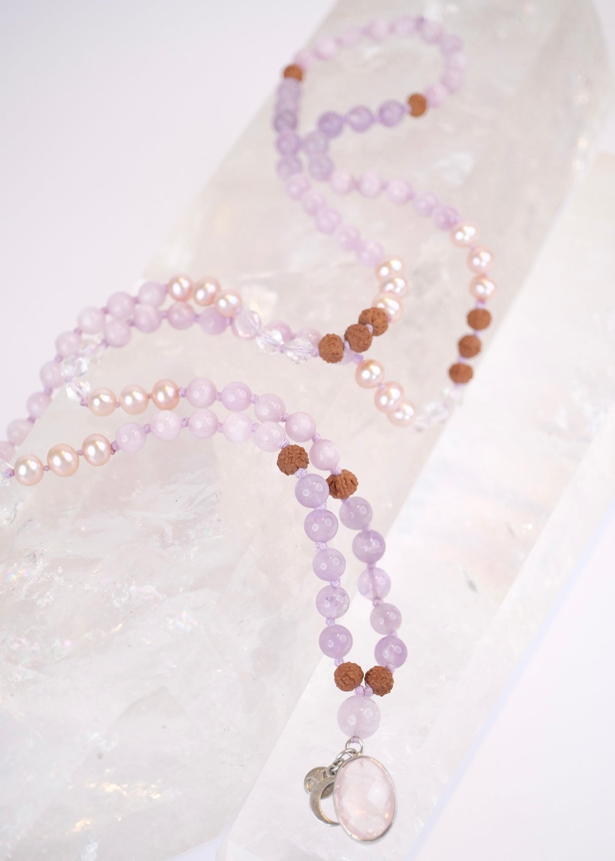 FULL MOON Mala | Pink Akoya Pearl, Kunzite, Lavender Amethyst, Rose Quartz Pendant & Rudraksha