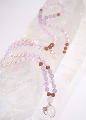FULL MOON Mala | Pink Akoya Pearl, Kunzite, Lavender Amethyst, Rose Quartz Pendant & Rudraksha