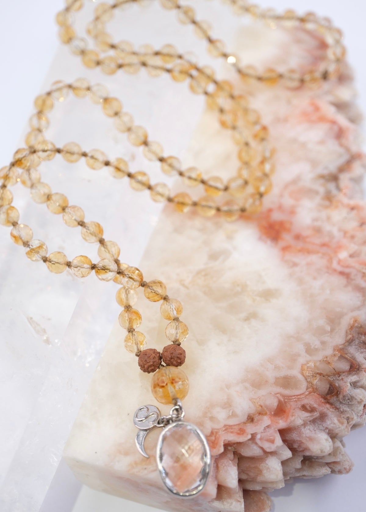 KUBER Divine Treasure Mala | Faceted Citrine, Himalayan Quartz Pendant