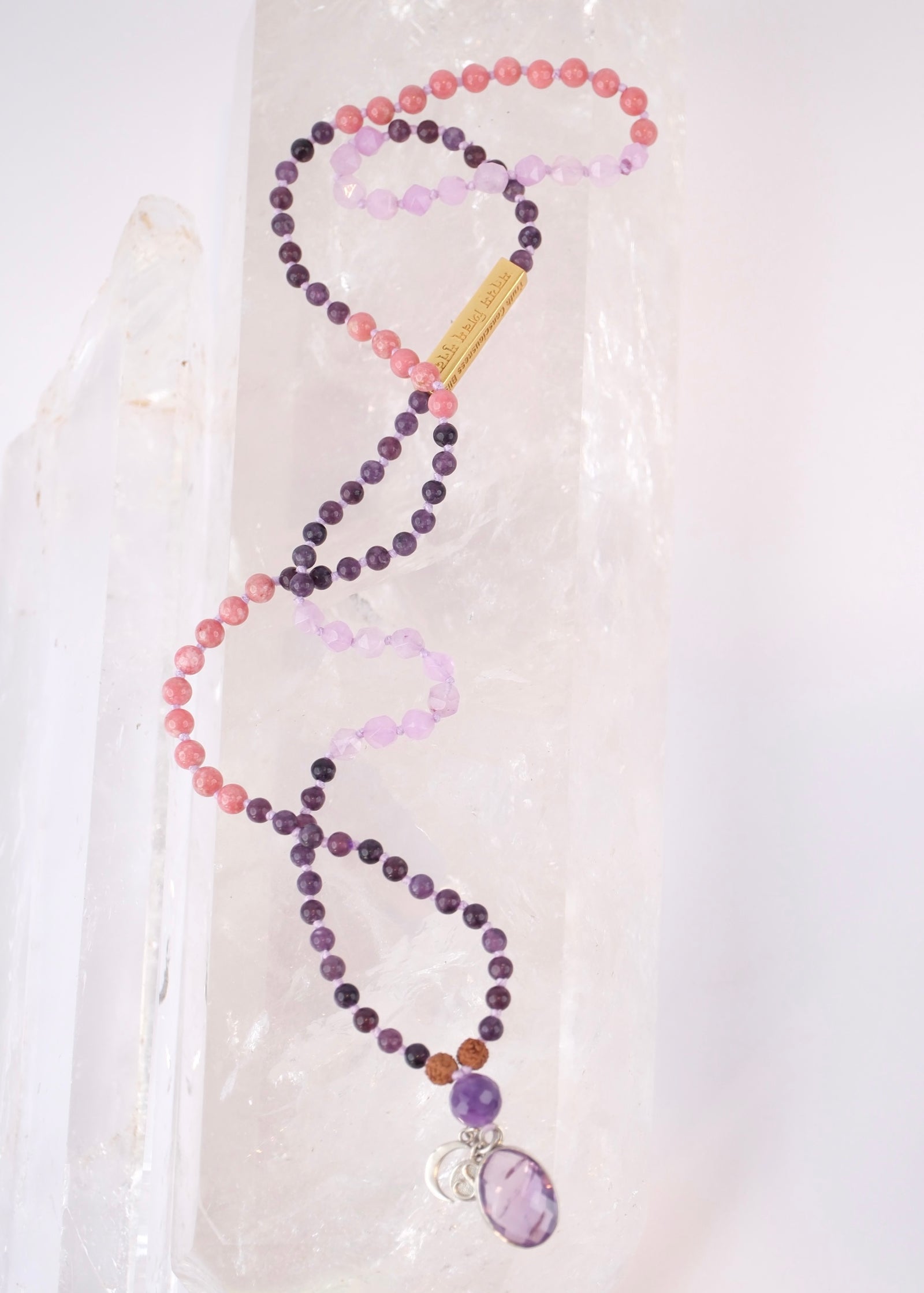 GURU MA Women Leaders Mala | Lepidolite, Thulite, Lavender Amethyst, Rose Quartz or Amethyst. Mantra bar.
