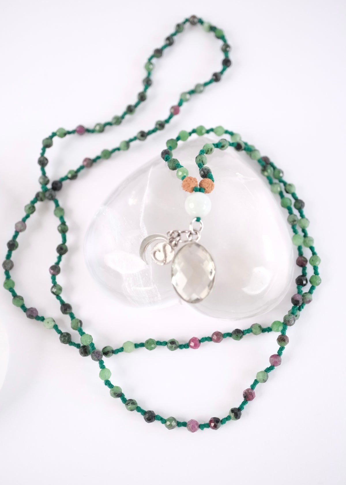 Delicate green ruby zoisite mala with green quartz and jade, double knotted and blessed by Ma Ganga.