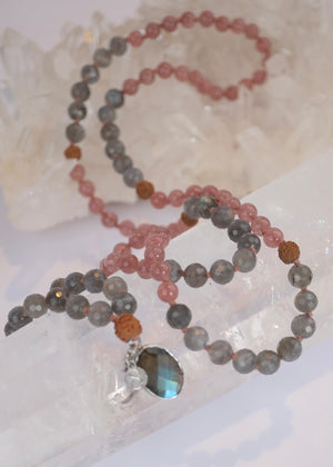 RISHI The Wise Ones Mala | Rare Strawberry Quartz, Labradorite & Rudraksha