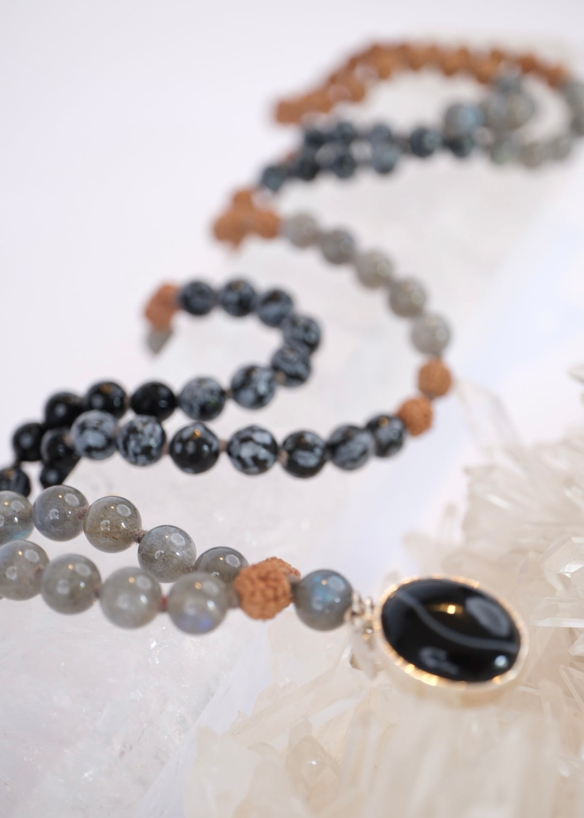 BABA Revered Mala | Labradorite, snow flake Jasper, Onyx & Rudraksha