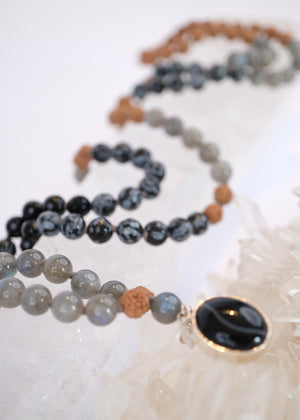 BABA Revered Mala | Labradorite, snow flake Jasper, Onyx & Rudraksha
