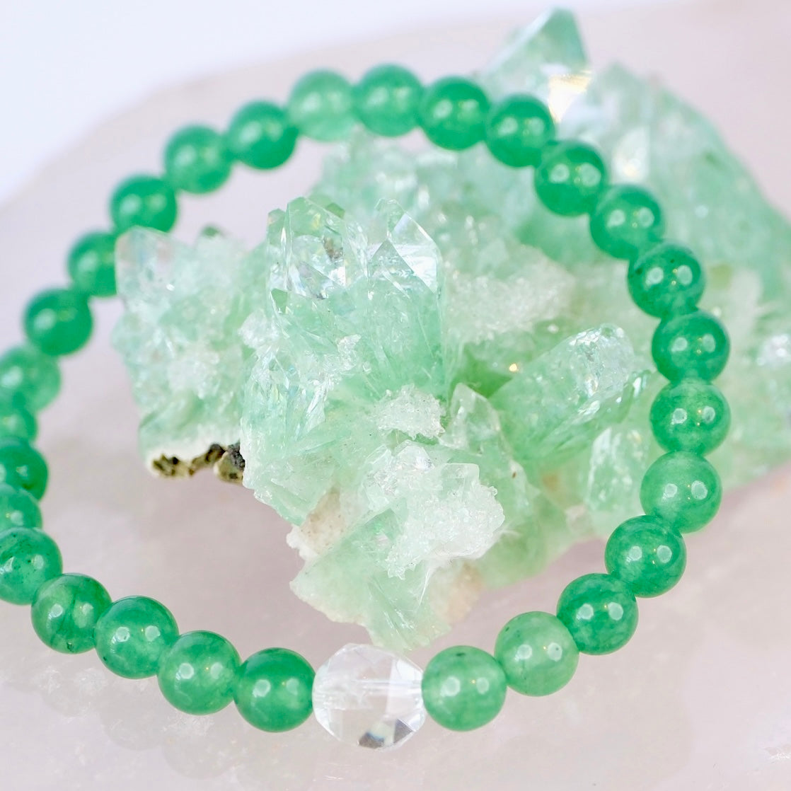 Anahata heart chakra bracelet of green aventurine with Herkimer-style quartz by Shivoham