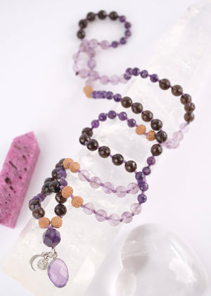 Vira Sadhaka 'Sacred Rebirth for the Spiritual Warrior' Mala | Amethyst, Smoky & Lavender Quartz, Rudraksha