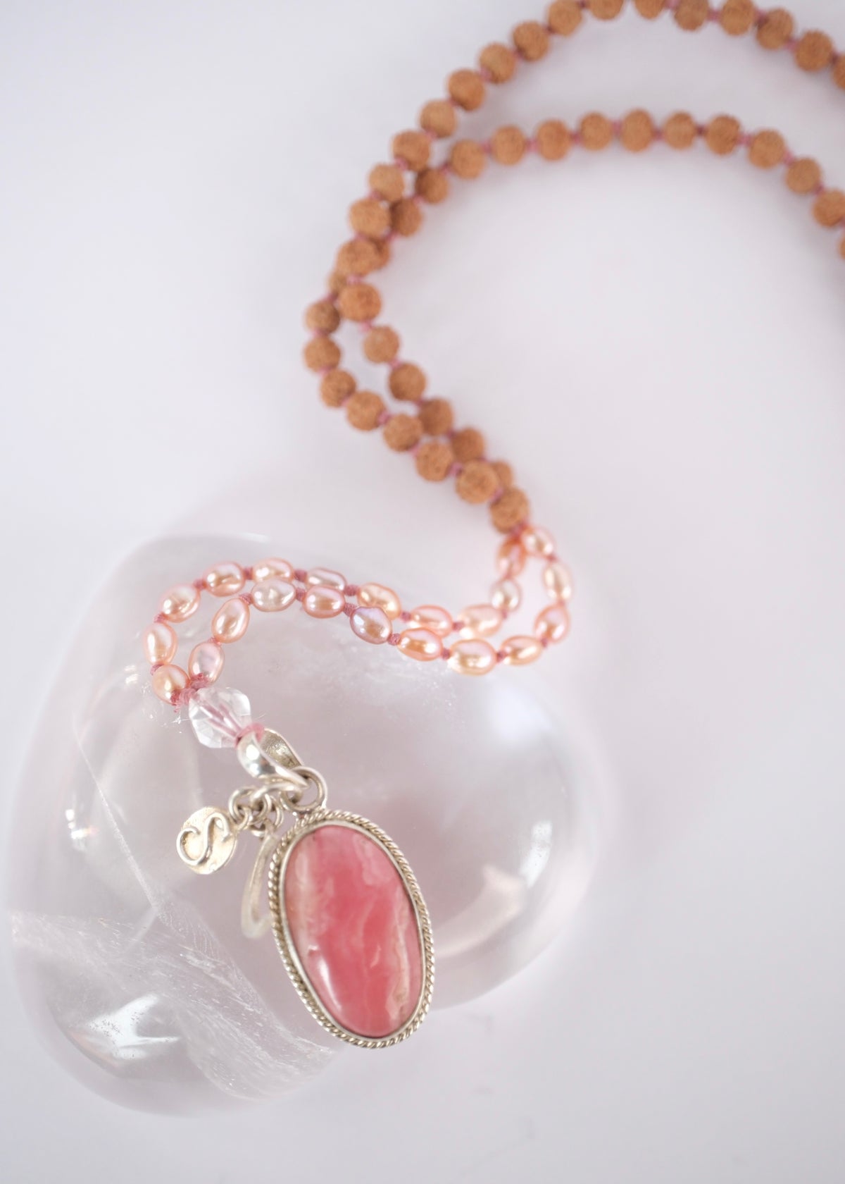 MADHURYA ‘The Grace of Divine Love’ Mala | Rhodochrosite, Akoya Pearls, Rudraksha