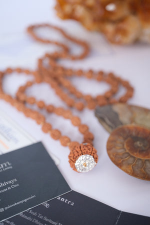 Shivoham Premium collector's Rudraksha japa mala for courage, wisdom, focus, and clarity, finished with sterling silver caps and charms. Authentic Nepal Rudraksha mala resting on clear quartz crystal
