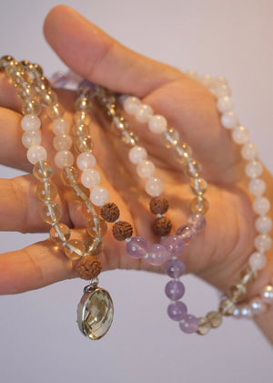ANANDA Joy Mala | Lemon & Lavender Quartz, Moonstone & Rudraksha