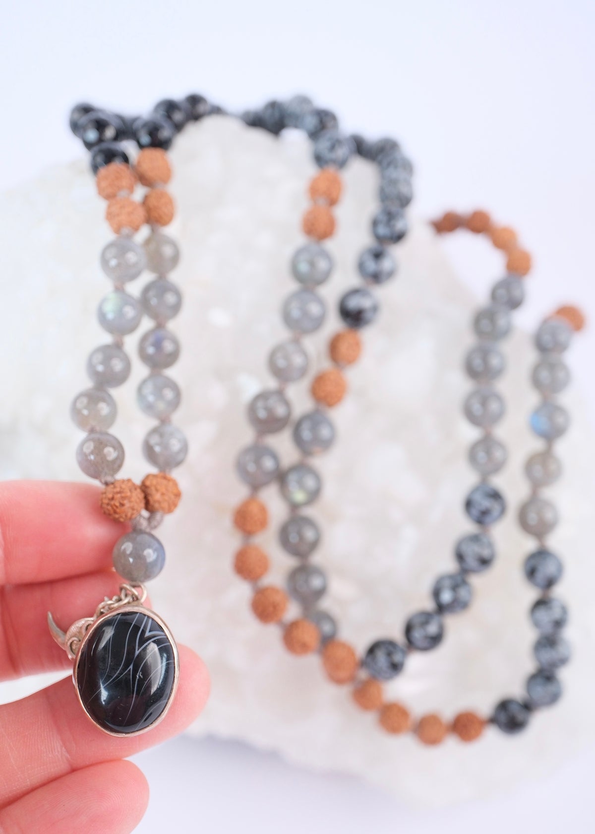 BABAJI Revered Mala | Labradorite, snow flake Jasper, Onyx & Rudraksha