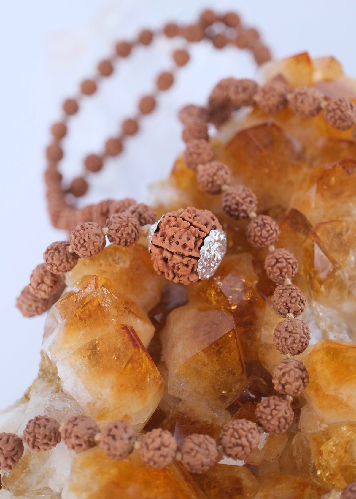 Premium collector's Rudraksha japa mala for courage, wisdom, focus, and clarity, finished with sterling silver caps.