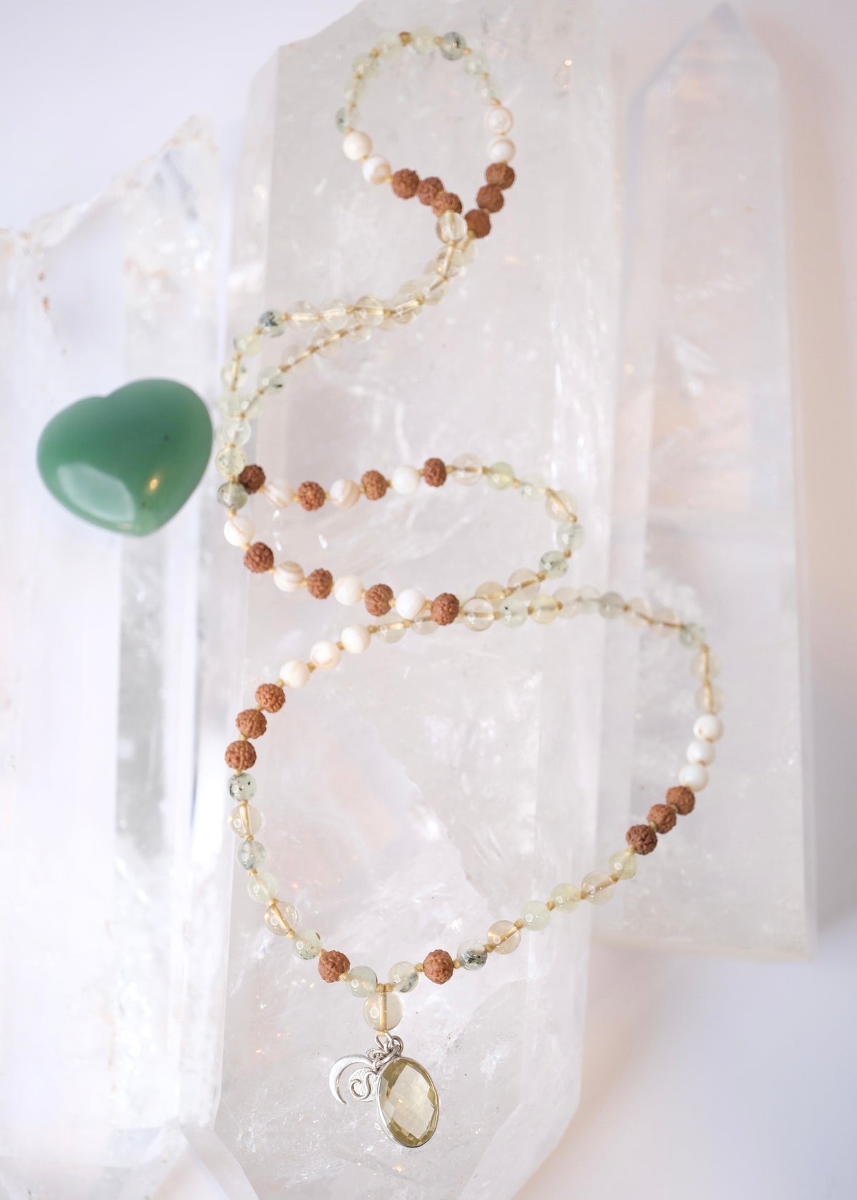 VIMANA The Traveller Insight Mala  | Prehnite, Lemon Quartz, Mother of Pearls Insight Mala
