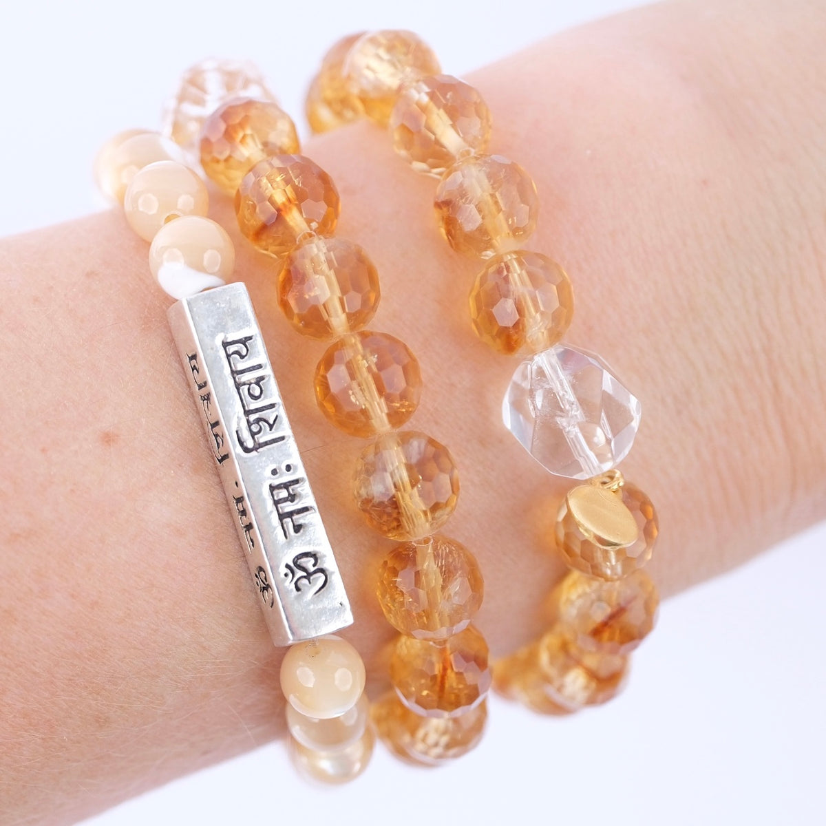 DIVINE GRACE Honey Mother of Pearl bracelet | Om Namaha Shivaya Silver bar
