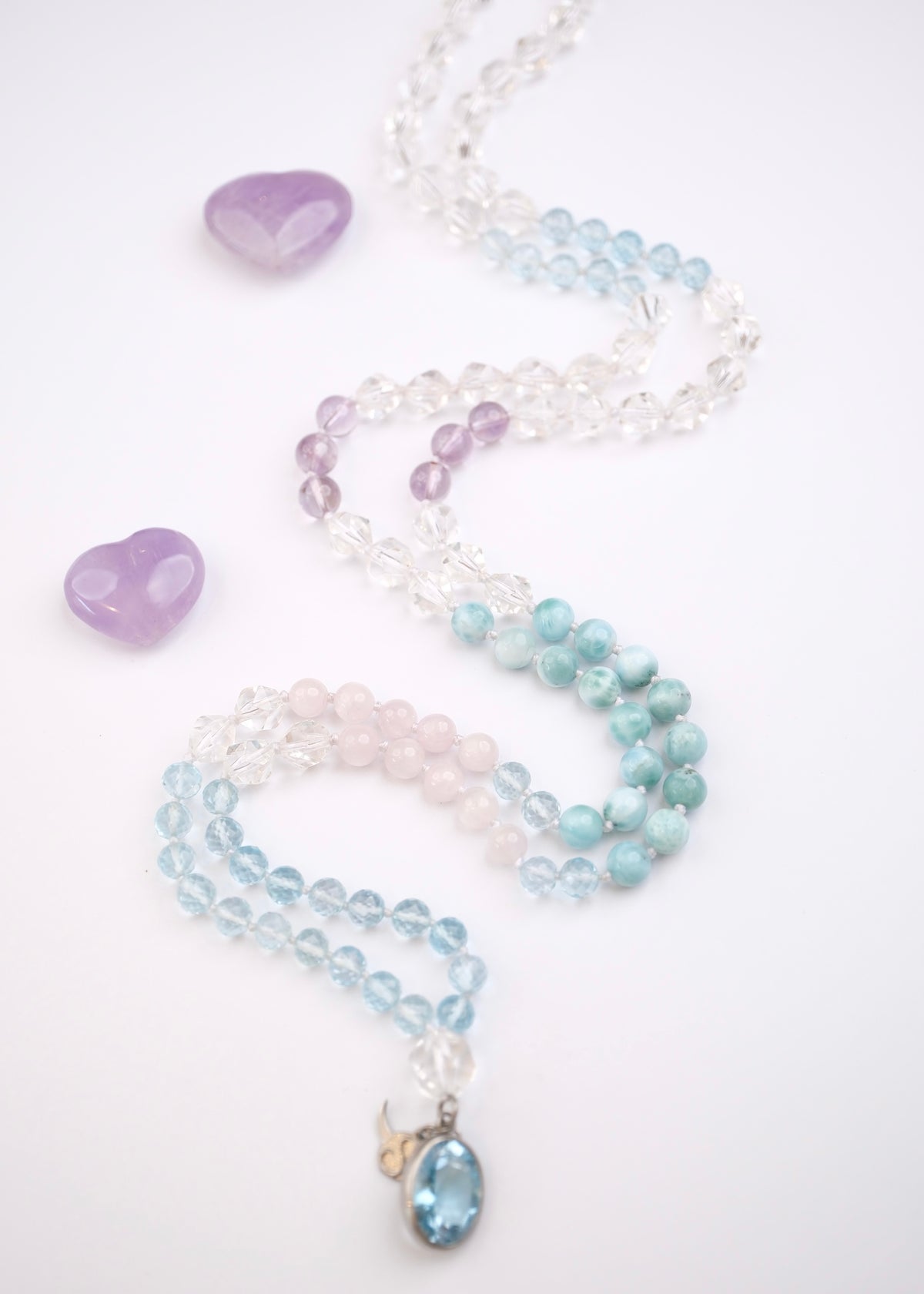 PEACE Shanti Mala | Topaz beads and pendant with Larimar, Herkimer, Kunzite &amp; Lavender Quartz