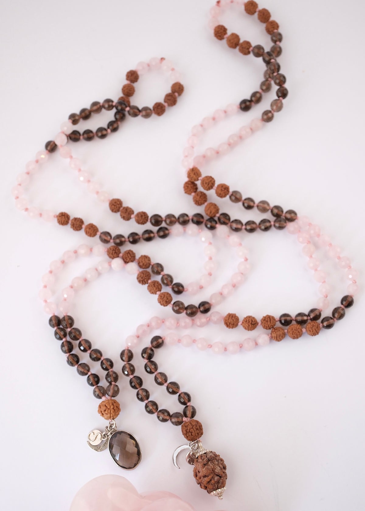 ShivShakti Mala | 2 Mukhi Rudraksha or Smoky Quartz pendant Rose &amp; Smoky Quartz