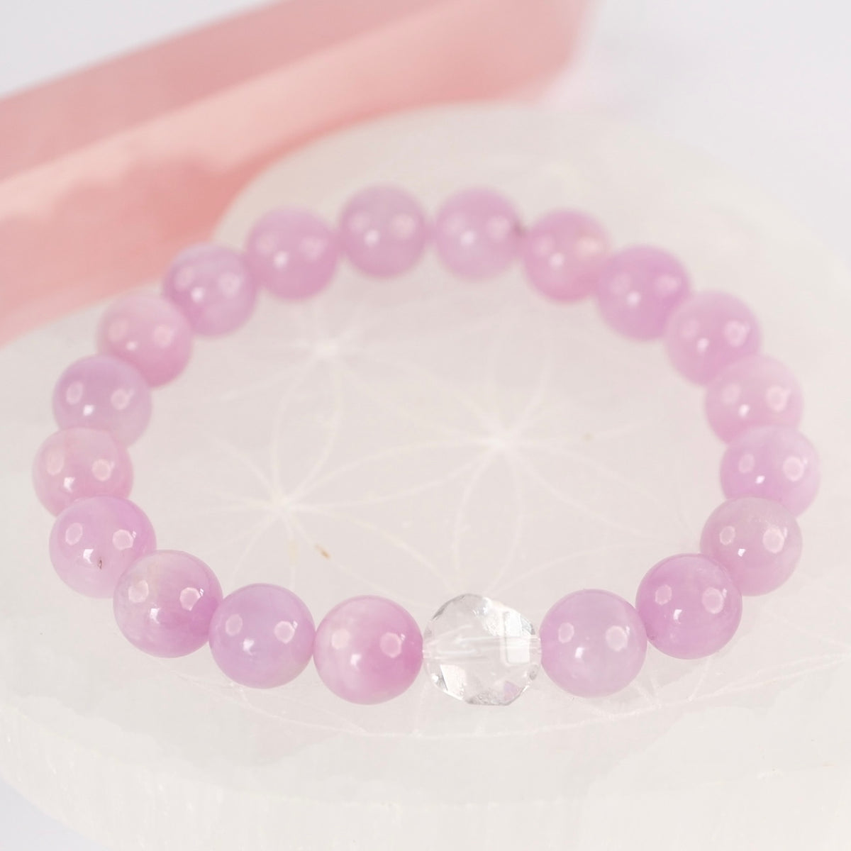 Soft pink kunzite and clear Herkimer diamond crystal bracelet, handcrafted and blessed by Ma Ganga.