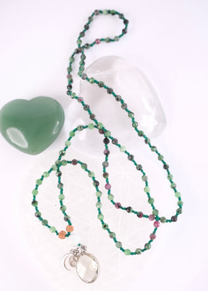 green ruby zoisite mala with green quartz and jade