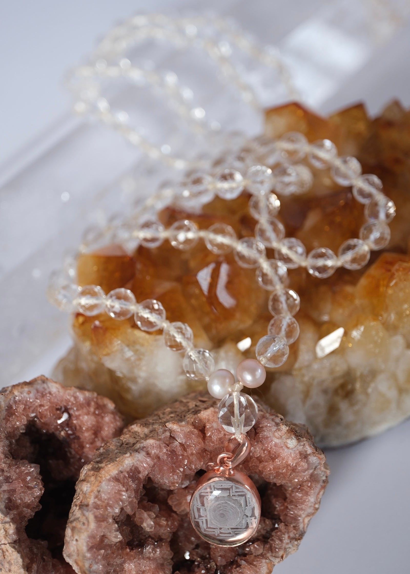 SHAKTI ‘The Mala of Pure Energy & Light’ | Himalayan Clear Quartz, Sri Yantra, Pink Pearls