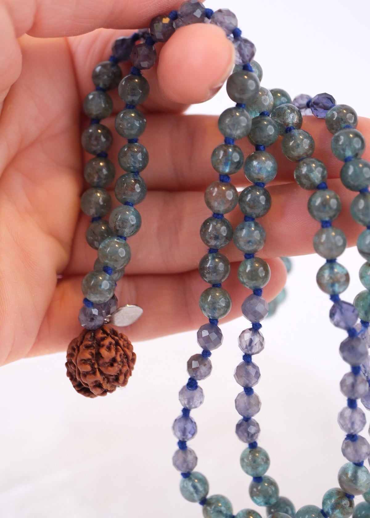 DHARMIK Sacred path mala | Rare Green Apatite, Iolite, Nepal Ganesh Rudraksha